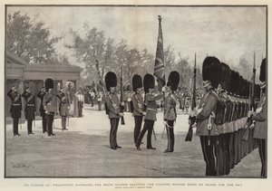 In parata al Wellington Barracks, le Guardie Scozzesi salutano i Colori prima di andare di guardia per il giorno